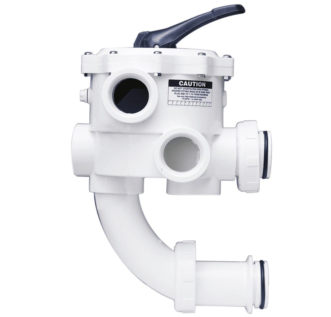 White multiport pool valve with curved plumbing